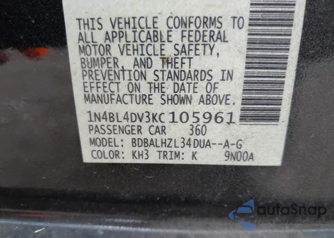 2019 Nissan Altima 2.5 Sv z USA, uszkodzony, nr VIN 1N4BL4DV3KC105961